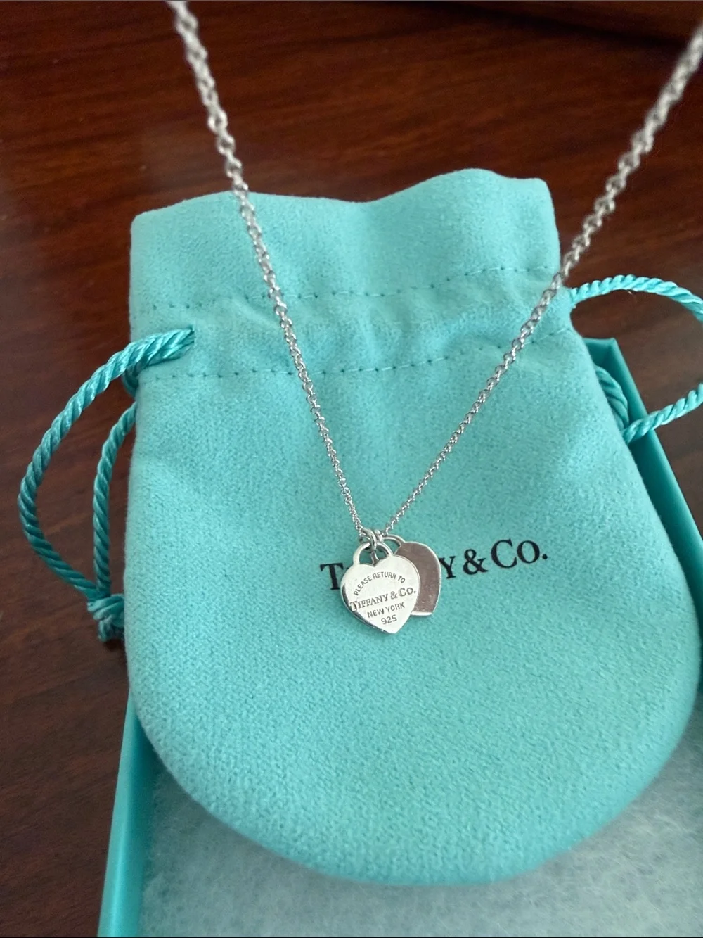 Tiffany & Co. Sterling Silver Double Heart Necklace on Blue Pouch